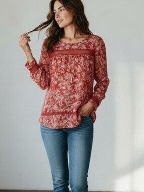 Gap Red Floral Mesh Detail Top Size L